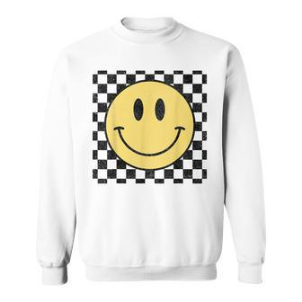 Retro Happy Face Distressed Checkered Pattern Smile Face Sweatshirt | Mazezy