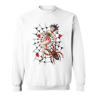 Retro Pin Up Girl Trapped In Spider Web Vintage Halloween Halloween Funny Gifts Sweatshirt | Mazezy
