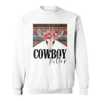 Western Cowgirl Punchy Cowboy Killers Floral Bull Horn Skull Sweatshirt | Mazezy