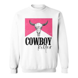Western Cowgirl Punchy Pink Cowboy Killers Bull Horn Skull Sweatshirt | Mazezy