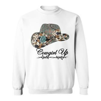 Western Cowgirl Up Leopard Turquoise Hat Cowhide Rodeo Sweatshirt | Mazezy
