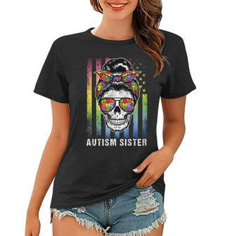 Autism Sister Cool Messy Bun Girl Usa American Flag Vintage Gifts For Sister Funny Gifts Women T-shirt | Mazezy