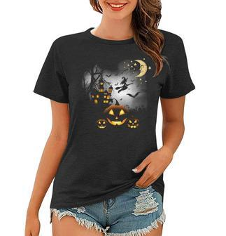 Haunted House Flying Witch Jack O Lantern Women T-shirt | Mazezy