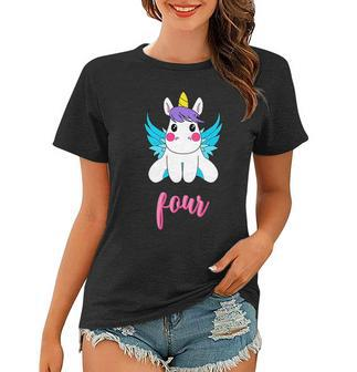 Kids 4Th Birthday Unicorn With Wings Gift For 4 Years Old Girl Unicorn Funny Gifts Women T-shirt | Mazezy