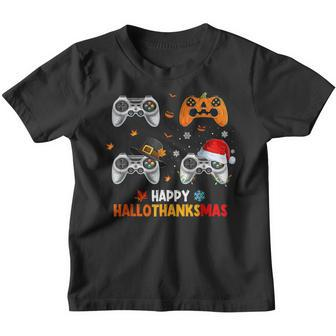 Happy Hallothanksmas Video Game Halloween Thanksgiving Xmas Youth T-shirt - Monsterry