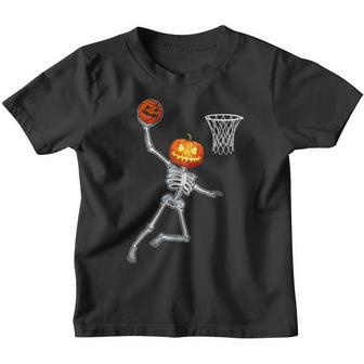 Pumpkin Skeleton Playing Basketball Halloween Costume Boys Youth T-shirt - Monsterry