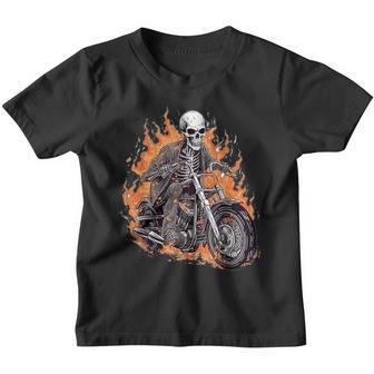 Skeleton Riding Motorcycle Halloween Costume Biker Boys Youth T-shirt - Monsterry