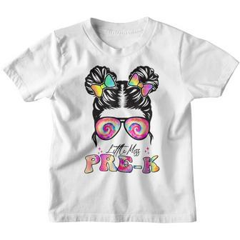 Little Miss Pre K Back To School Tie Dye Messy Bun Youth T-shirt | Mazezy