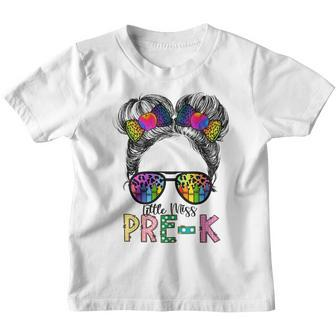 Little Miss Pre K Messy Bun Leopard Preschool Back To School Bun Gifts Youth T-shirt | Mazezy