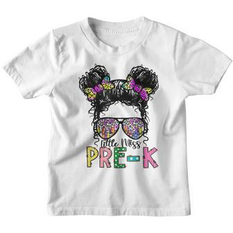 Little Miss Pre K Messy Bun Tie Dye Leopard Back To School Youth T-shirt | Mazezy