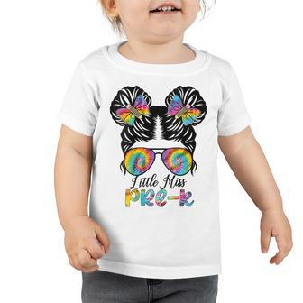 Little Miss Pre-K Girls Messy Bun Tie Dye Back To School Toddler Tshirt | Mazezy