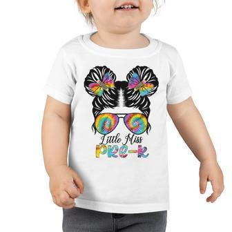 Little Miss Pre-K Girls Messy Bun Tie Dye Back To School Toddler Tshirt | Mazezy