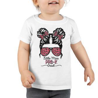 Little Miss Pre-K Grad Pink Leopard Messy Bun Graduation Toddler Tshirt | Mazezy