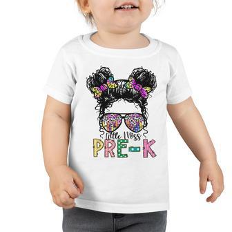Little Miss Pre-K Messy Bun Sunglasses Leopard Tie Dye Toddler Tshirt | Mazezy