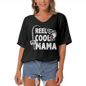 Family Lover Reel Cool Mama Fishing Fisher Fisherman Gift For Women Women's Bat Sleeves V-Neck Blouse | Mazezy