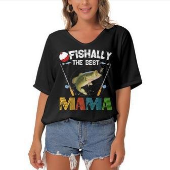 Ofishally The Best Mama Fishing Rod Mommy Funny Mothers Day Gift For Women Women's Bat Sleeves V-Neck Blouse | Mazezy UK