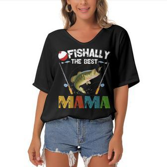 Ofishally The Best Mama Fishing Rod Mommy Funny Mothers Day Gift For Womens Gift For Women Women's Bat Sleeves V-Neck Blouse | Mazezy