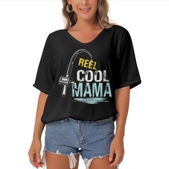Reel Cool Mama Fishing Fisherman Funny Retro Gift For Womens Gift For Women Women's Bat Sleeves V-Neck Blouse | Mazezy
