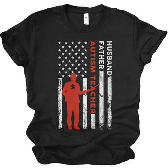 Autism Teacher Husband Dad Vintage Usa Flag American Fathers Jersey T-Shirt | Mazezy