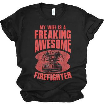 Awesome My Wife Is A Firefighter Husband Proud Fire Wife Jersey T-Shirt | Mazezy