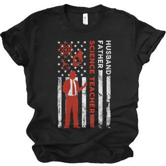 Science Teacher Husband Dad Usa Flag American Fathers Jersey T-Shirt | Mazezy