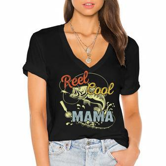 Mothers Day Funny Retro Reel Cool Mama Fishing Lover Gift For Women Women's Jersey Short Sleeve Deep V-Neck Tshirt | Mazezy