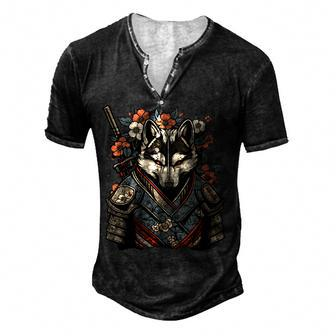 Japanese Samurai Wolf Tattoo Vintage Kawaii Ninja For Women Men's Henley T-Shirt | Mazezy
