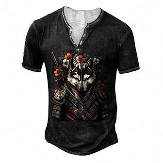 Japanese Samurai Wolf Tattoo Vintage Kawaii Ninja For Women Men's Henley T-Shirt | Mazezy