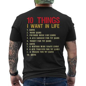 10 Things I Want In My Life Cars More Cars Car Funny Mens Back Print T-shirt - Thegiftio UK