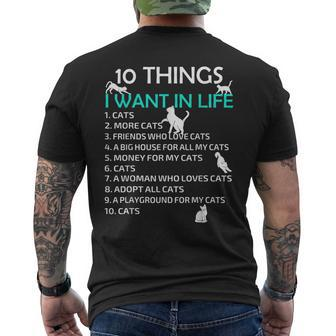 10 Things I Want In My Life Cats More Cats Kitty Cat Lovers Mens Back Print T-shirt - Thegiftio UK