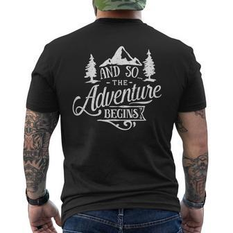 The Adventure Begins Mountains Forest Wilderness Hiking Men's T-shirt Back Print | Mazezy