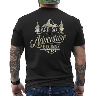 The Adventure Begins Vintage Look Camo T Men's T-shirt Back Print | Mazezy