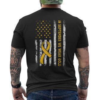 American Flag In September We Wear Gold Childhood Cancer Men's T-shirt Back Print | Mazezy