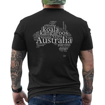Australia Word Map - Kangaroos Koala Wombat Emu Dingo Mens Back Print T-shirt | Mazezy