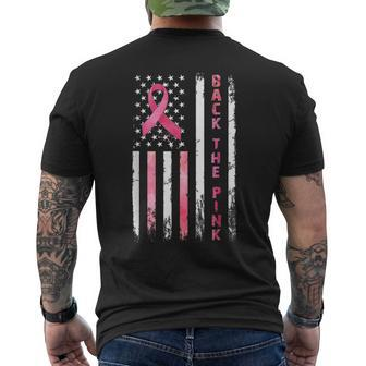 Back The Pink Ribbon American Flag Breast Cancer Warrior Men's T-shirt Back Print - Monsterry