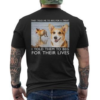 Beg For Their Lives Psycho Corgi Beach Graphic Mens Back Print T-shirt | Mazezy