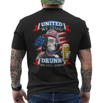 Benjamin Franklin 4Th Of July United We Stand Drunk We Fall Mens Back Print T-shirt | Mazezy