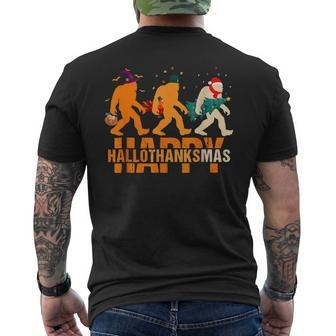 Bigfoot Happy Hallothanksmas Halloween Thanksgiving Xmas Men's T-shirt Back Print - Monsterry
