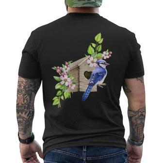 Blue Jay Bird Birdhouse And Pink Blossoms Bird Watching Men's T-shirt Back Print | Mazezy