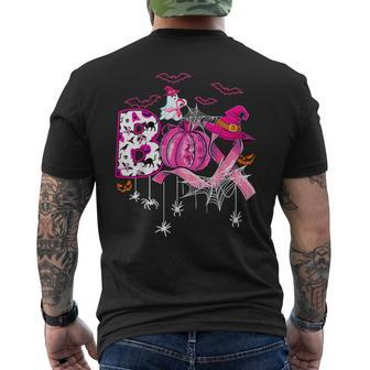 Boo Cute Ghost Pumpkin Halloween Breast Cancer Awareness Men's T-shirt Back Print - Monsterry