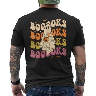 Booooks Groovy Cute Ghost Book Retro Reading Halloween Reading Funny Designs Funny Gifts Mens Back Print T-shirt | Mazezy