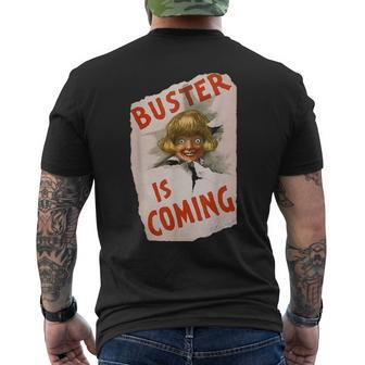 Buster Is Coming Creepy Vintage Shoe Advertisement Men's T-shirt Back Print | Mazezy AU