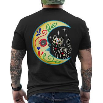 Cat & Moon Sugar Skull Dia De Los Muertos Day Of The Dead Men's T-shirt Back Print - Seseable