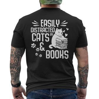 Cat Book Easily Distracted By Cats And Books Gift Girls Boys Mens Back Print T-shirt | Mazezy