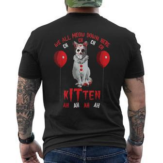 Cat Clown We All Meow Down Here Ch Ch Ah Ah Halloween Kitten Mens Back Print T-shirt | Mazezy