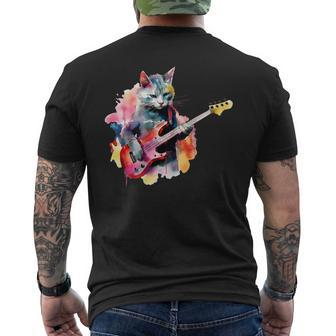 Cat Playing Bass Guitar Watercolor Graphic Design Mens Back Print T-shirt - Seseable