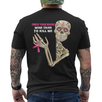 Check Your Boobs Skeleton Hand Breast Cancer Awareness Pink Men's T-shirt Back Print | Mazezy
