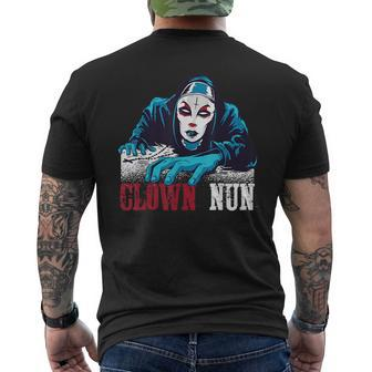 Clown Nun Scary Religious Nun Praying Nun Mens Back Print T-shirt | Mazezy