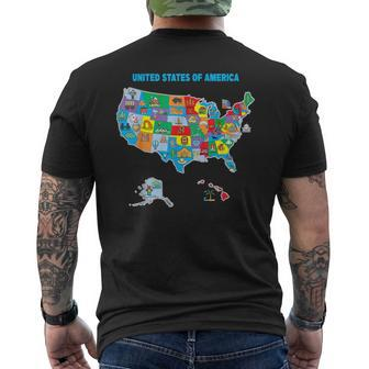 Colorful United States Of America Map Us Landmarks Icons Men's T-shirt Back Print | Mazezy