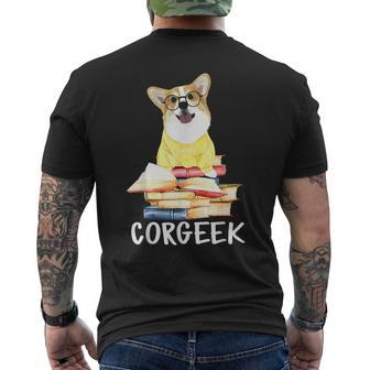 Corgeek Cute Corgi Geek Dog Pun Bookworm Bookish Reader Joke Mens Back Print T-shirt | Mazezy